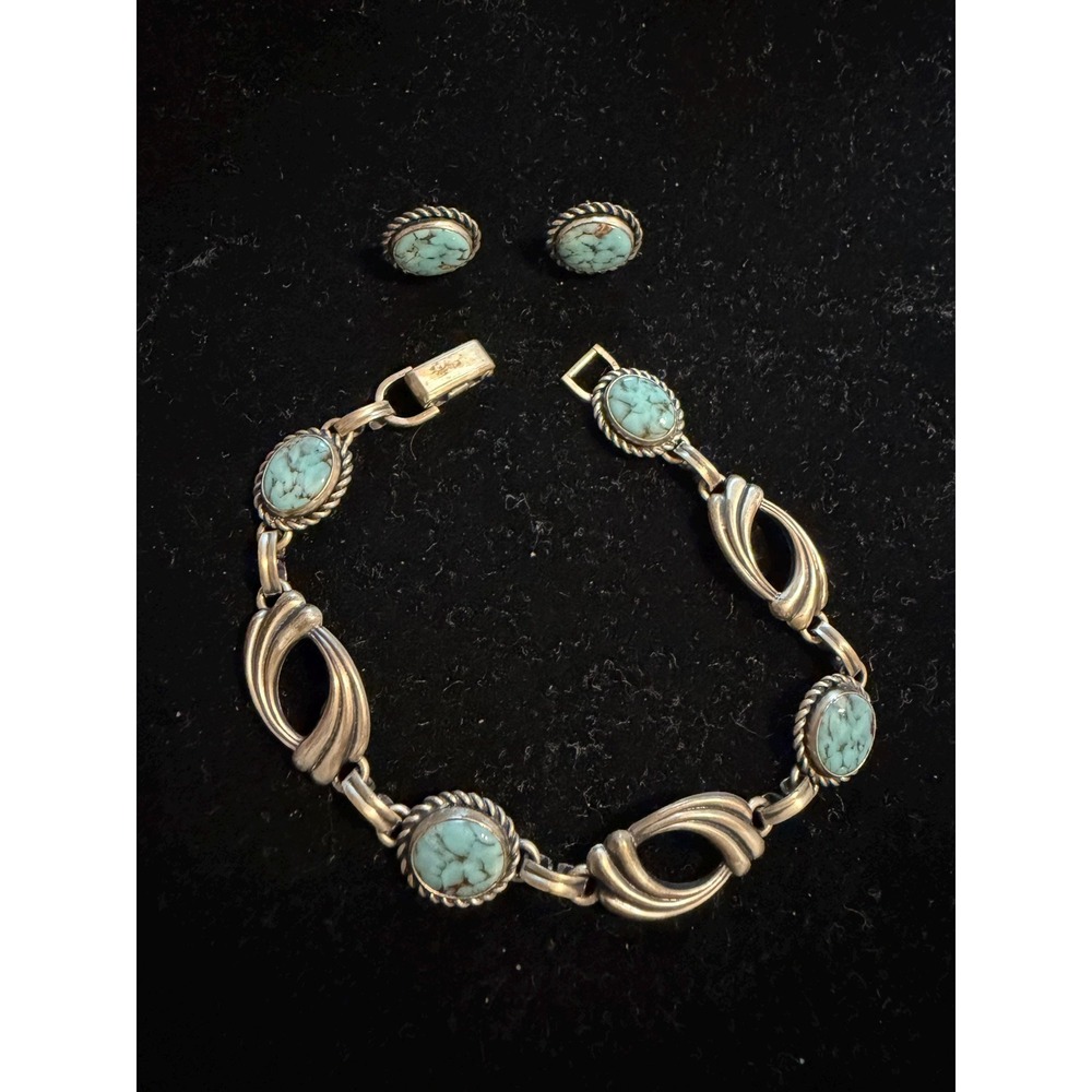 Van Dell Sterling Silver & Turquoise Color Stones Bracelet Earrings Set